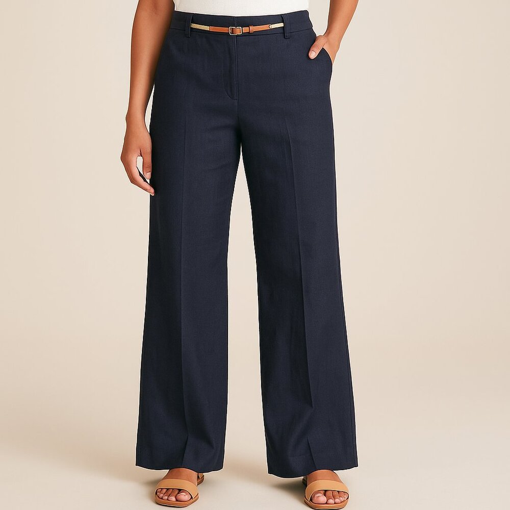 Michael Michael Kors Navy 100% Linen Belted Wide-Leg Pants 14 Effortless Coastal